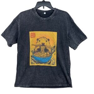 Oversized Capybara Ramen Graphic T-Shirt Mens S Charcoal‎ Acid Wash Vintage